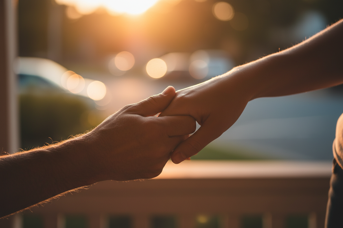Two hands clasped together in support, representing hope and connection in early recovery