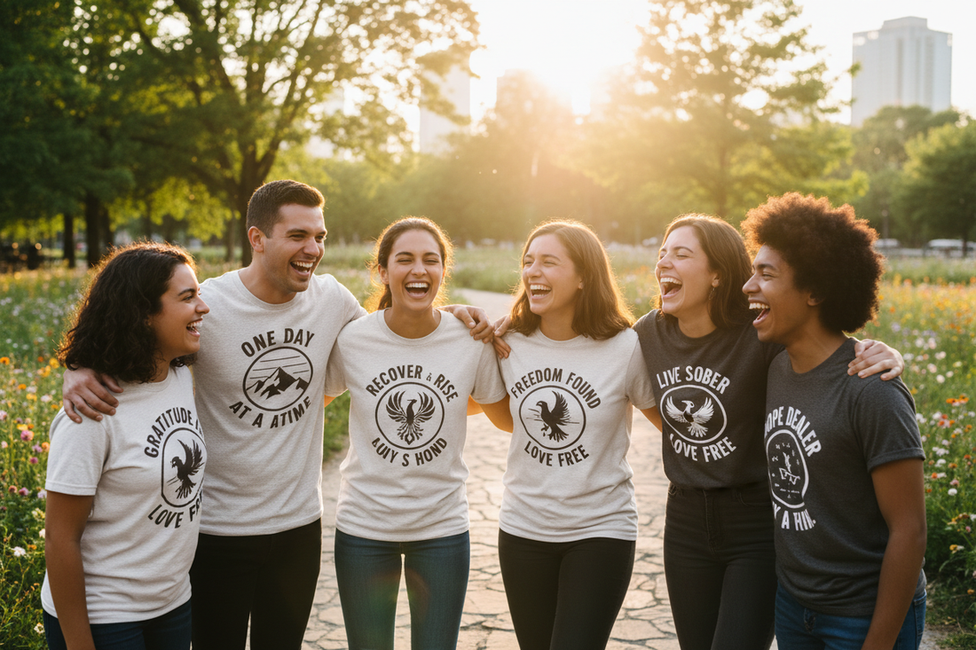 Group of friends in recovery laughing outdoors wearing recovery tees, representing sober community and connection