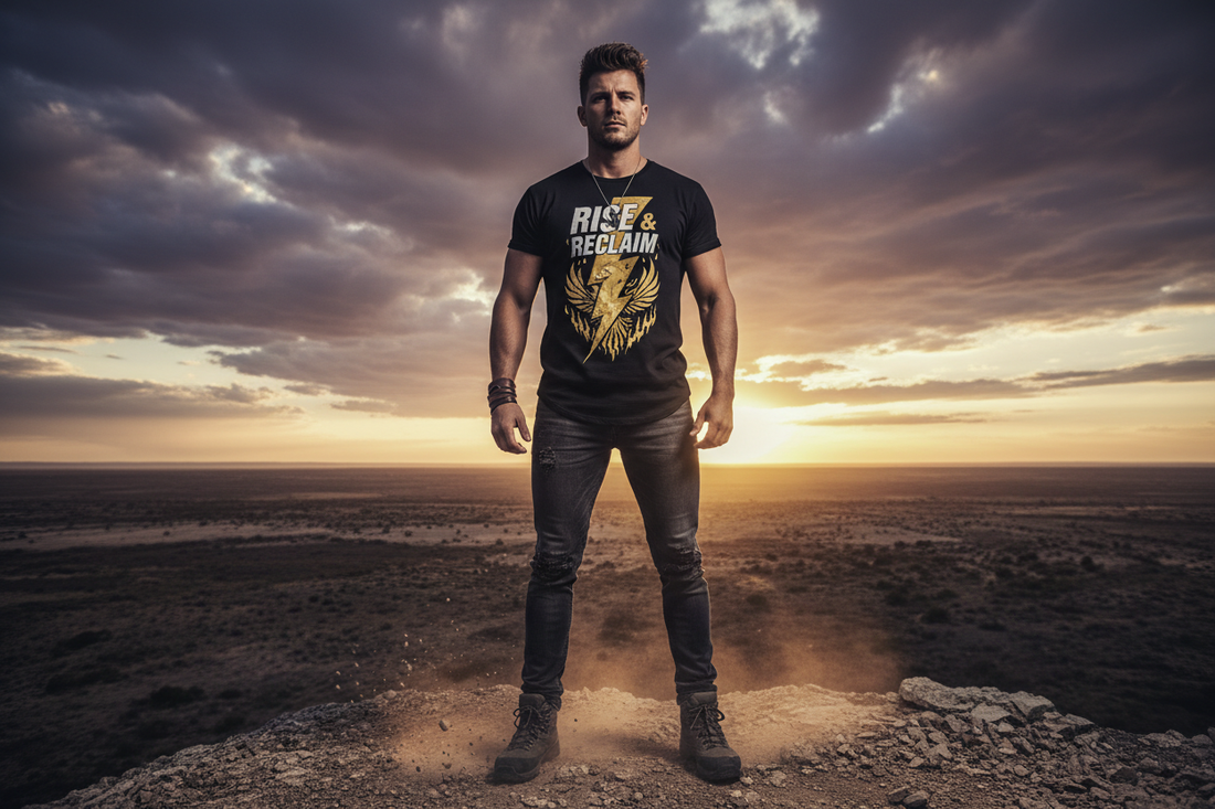 Confident person standing outdoors wearing a bold recovery graphic tee, representing owning your recovery identity