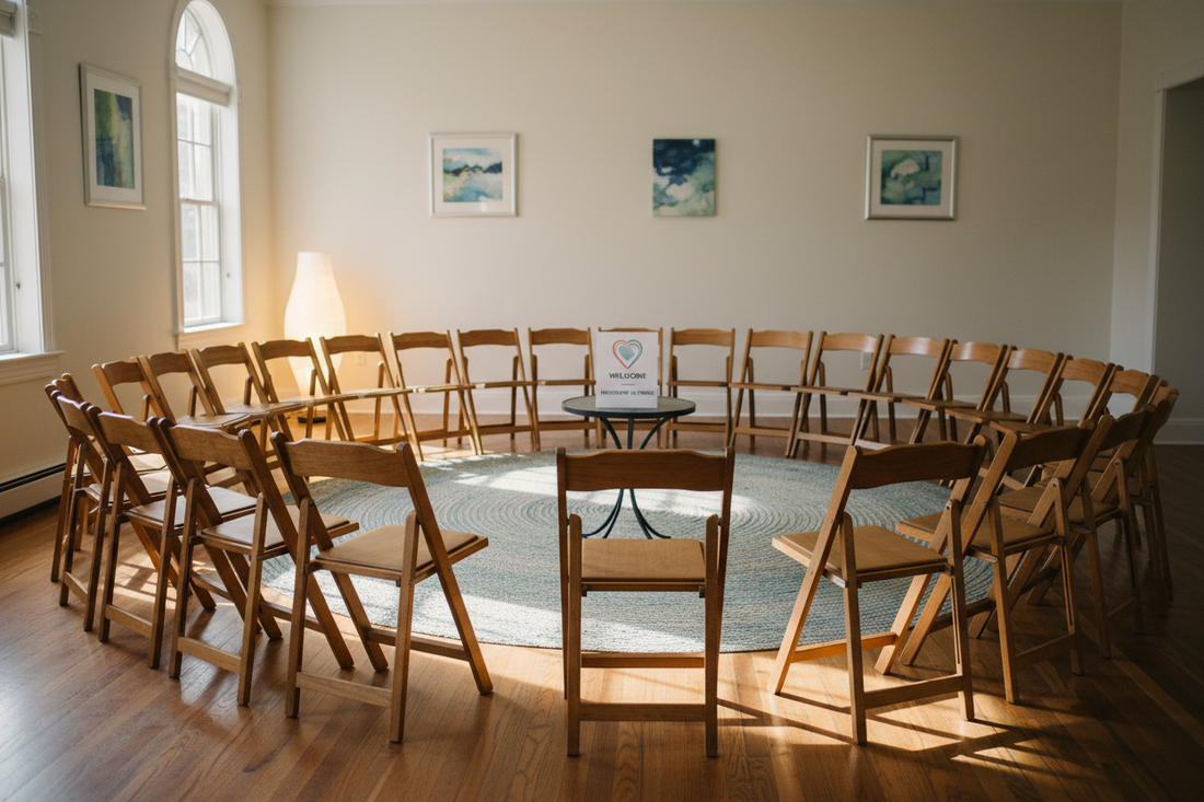 Recovery meeting etiquette - a welcoming circle of chairs in a softly lit community room for AA and NA meetings