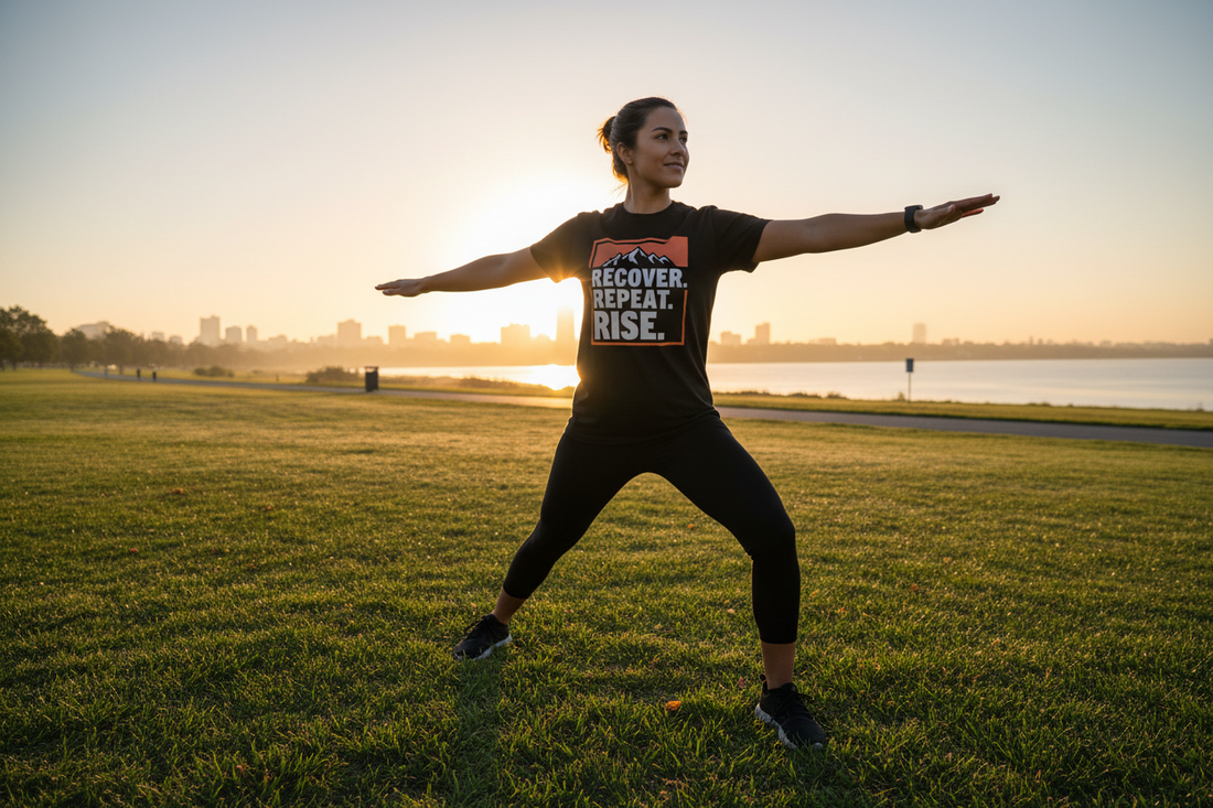 Person in a recovery graphic tee doing a morning workout at sunrise, representing building a sober daily routine