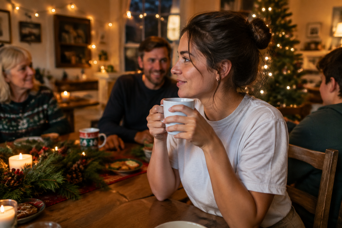 Person in a recovery t-shirt holding a coffee mug at a holiday family gathering, staying sober during the holidays
