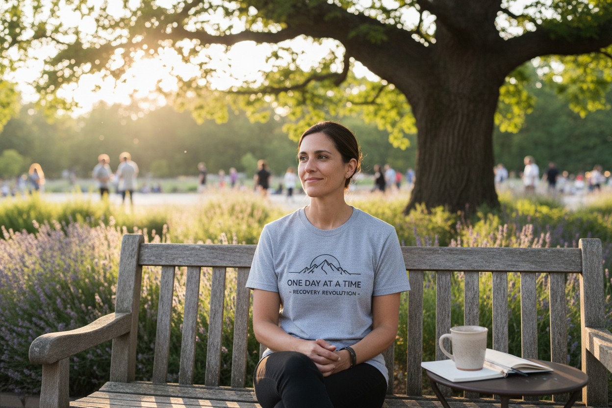 Person sitting peacefully outdoors wearing a recovery lifestyle tee, representing sobriety and mental health healing