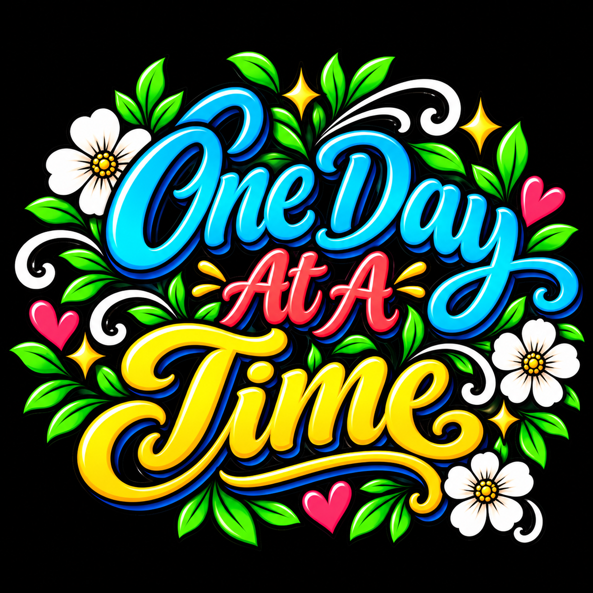 Colorful One Day At A Time floral recovery shirt design on black background